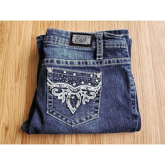 Earl Jean 7 Denim Bootcut Low-Rise Embroidered Rhinestones Thick Stitch 30/29 - Picture 1 of 14